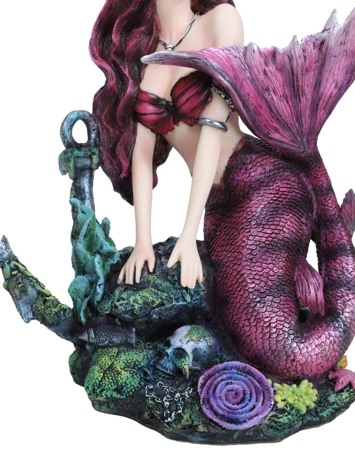 Siren Mermaid Sitting By Sunken Ship Anchor Skull Corals Ocean Graveyard Statue-5