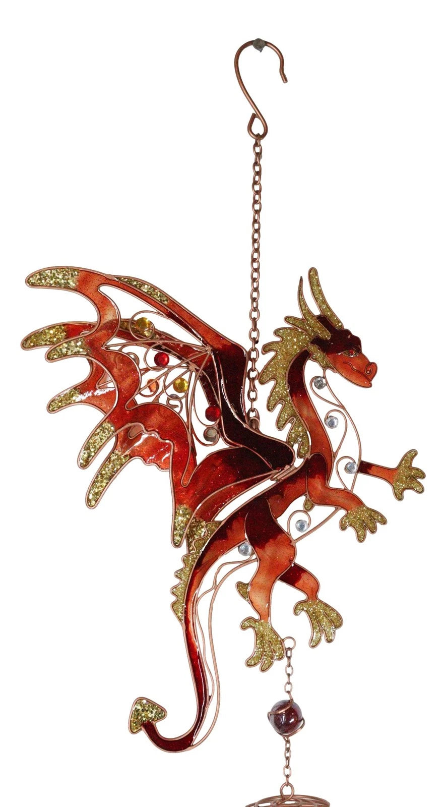 Medieval Fantasy Red Gold Fire Dragon Art Glass Gemstones Metal Wind Chime-7