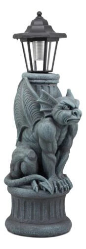 Gothic Crouching Winged Gargoyle Statue With Solar LED Lantern Light Post 20"H-4