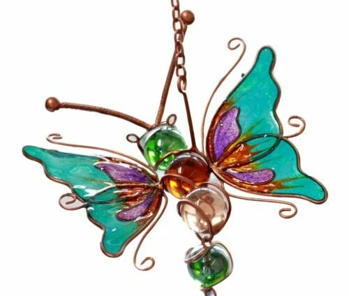 Stained Glass Flitting Butterfly Copper Metal Wind Chime 23"Long Outdoor Decor-8
