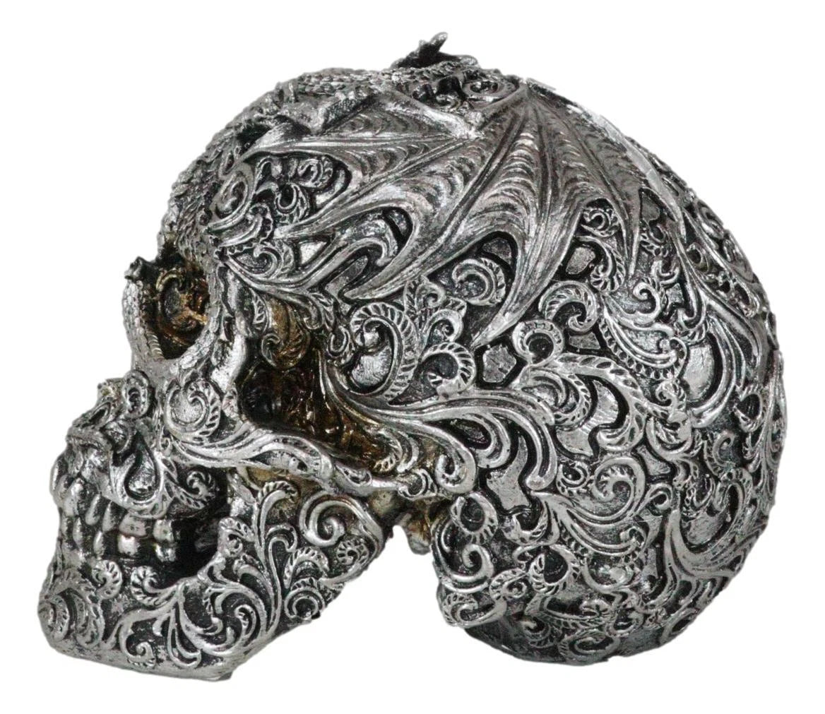 Flying Dragon On Tribal Le Fleur Floral Tattoo Skull Statue Halloween 7.5"L-3