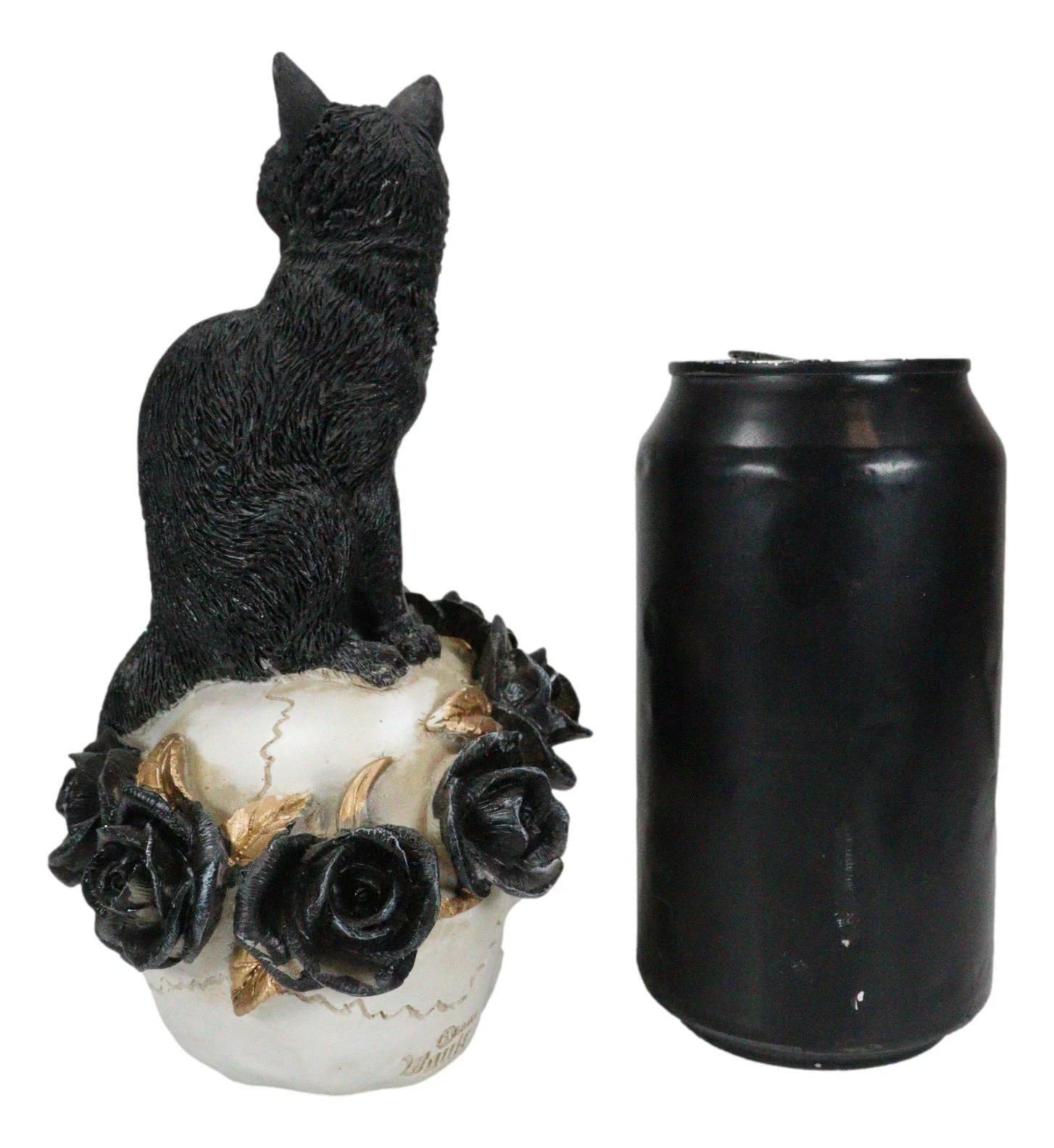 Figura de gato gótico, felino negro sentado sobre una rosa, estatua de calavera de vampiro fantasma, 18 cm de alto, decoración del hogar, exhibición, adorno de escritorio, decoración de Halloween, regalo de fantasía gótica-5