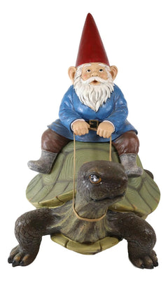 Large Whimsical Mr. Gnome Riding Giant Turtle Garden Statue 17.25" L-5