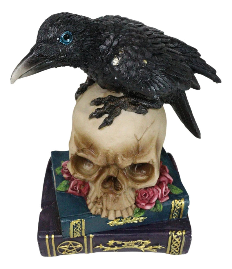 Raven Crow Perching On Skull With LED Eyes And Spell Books Of Prophecy Figurine-3