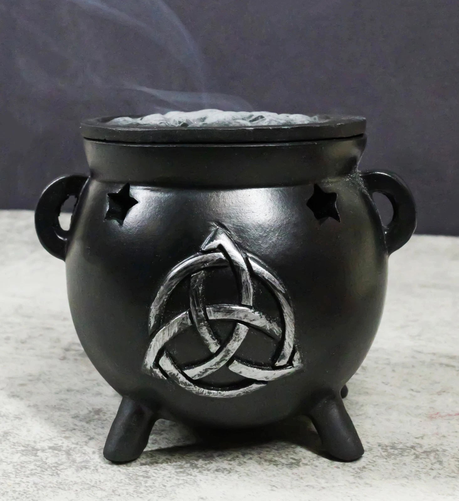 Wicca Sacred Triquetra Symbol Stars Cutout Witch Cauldron Incense Cone Burner-1