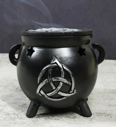 Wicca Sacred Triquetra Symbol Stars Cutout Witch Cauldron Incense Cone Burner-1