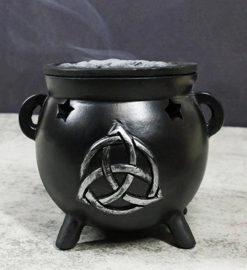 Wicca Sacred Triquetra Symbol Stars Cutout Witch Cauldron Incense Cone Burner-1