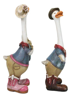 Set of 2 Western Cowboy Cowgirl Ducks With Hats Scarves And Boots Figurines-6
