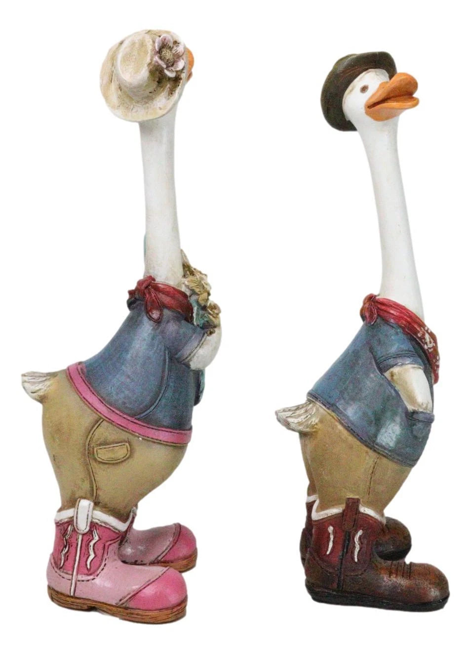 Set of 2 Western Cowboy Cowgirl Ducks With Hats Scarves And Boots Figurines-6