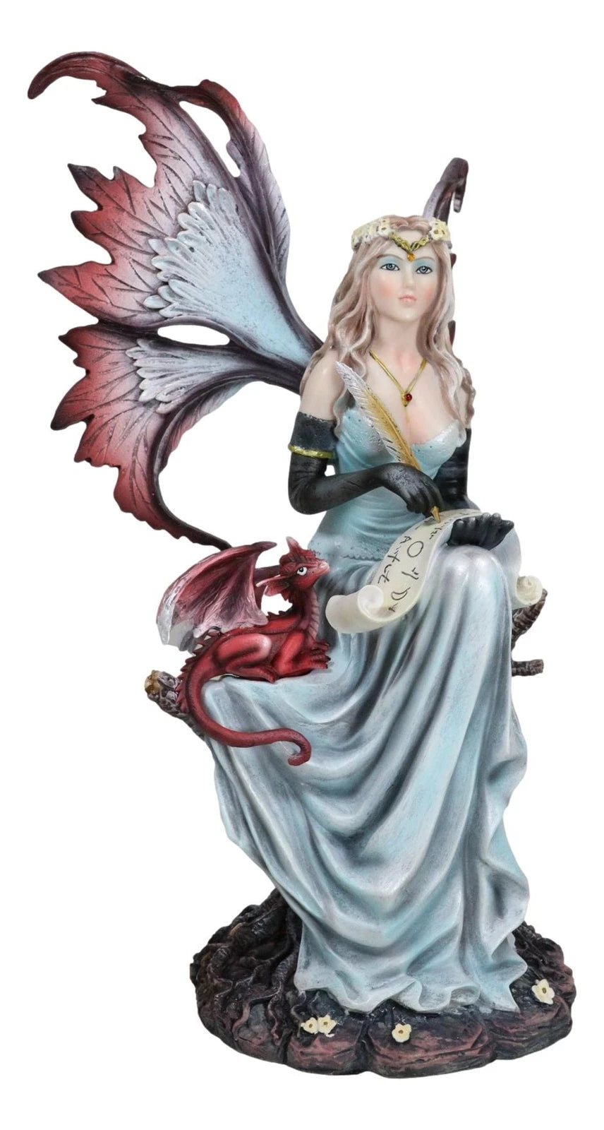 Blonde Fairy Scribe And Red Dragon Writing On Dragons Tales Scroll Figurine-4