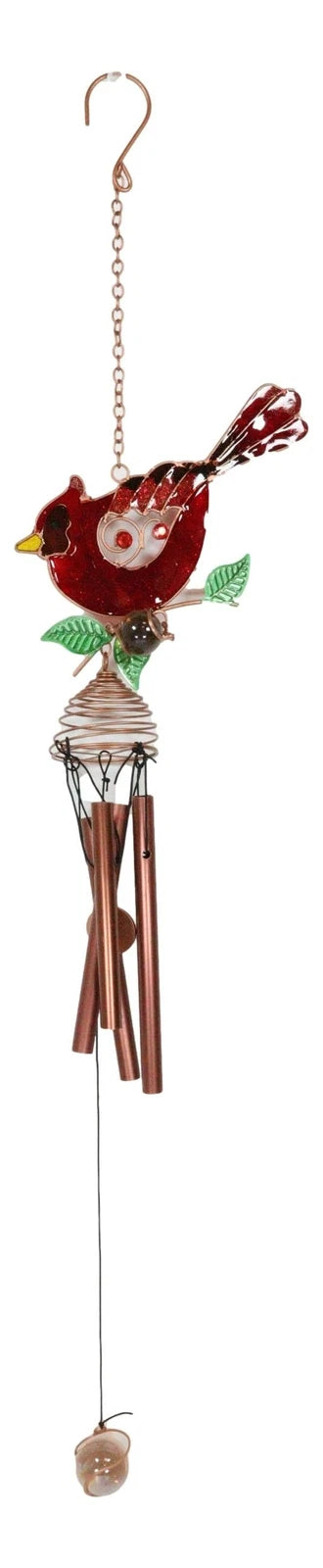 Stained Glass Red Cardinal Bird On Twig Copper Metal Wind Chime 24"Long-4