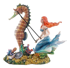 Nouveau Nautical Ocean Mermaid On Clam Riding Seahorse Chariot Statue 10"H-3