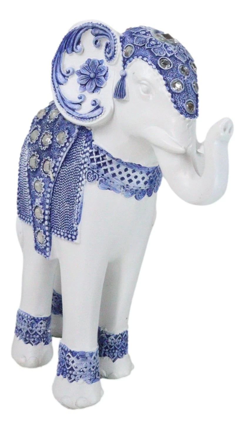 Feng Shui Ming Style Blue And White Ornate Design With Crystals Elephant Statue-5