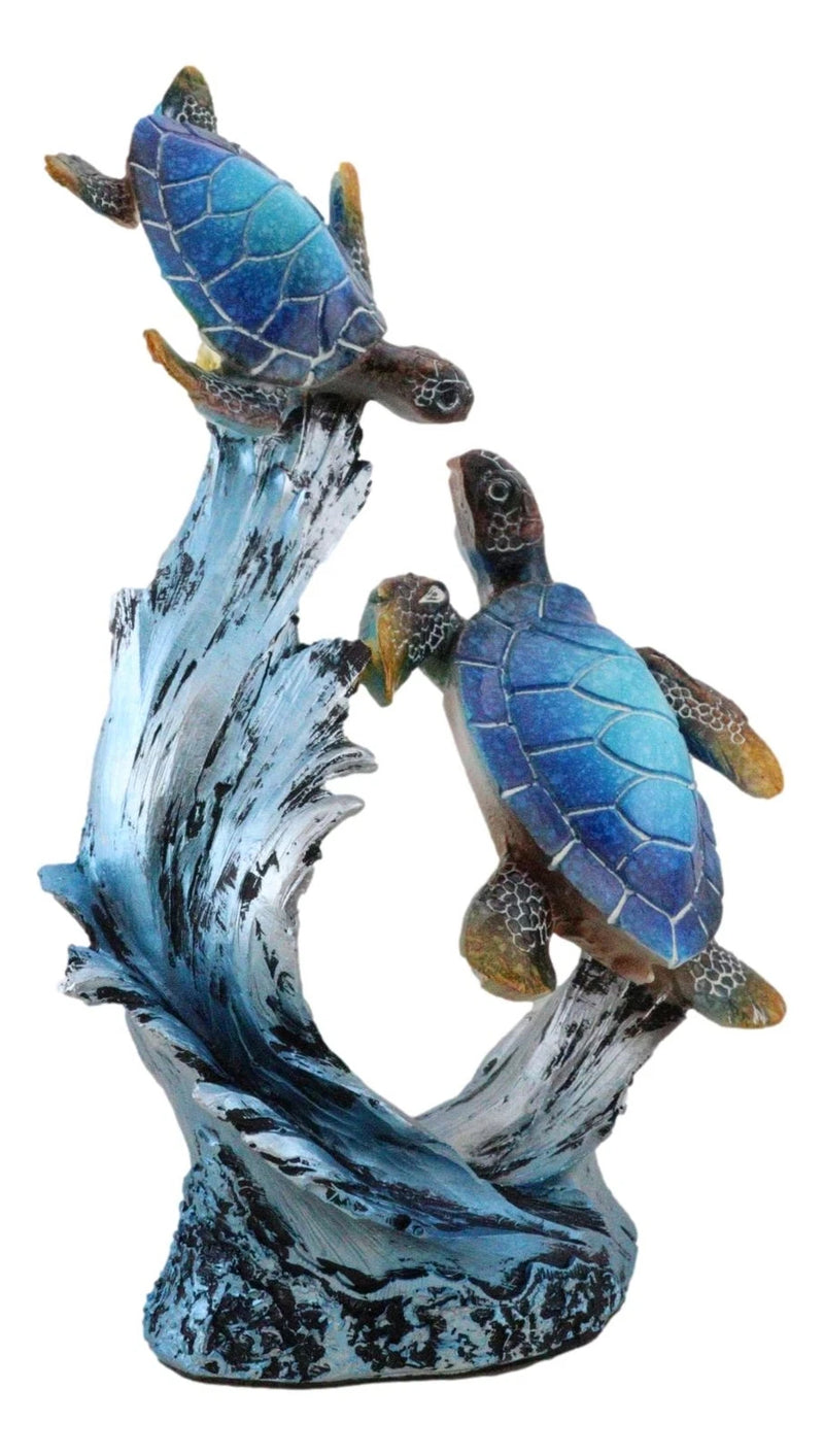 Nautical Blue Sea Turtle And Baby Swimming By Ocean Currents And Waves Figurine-6