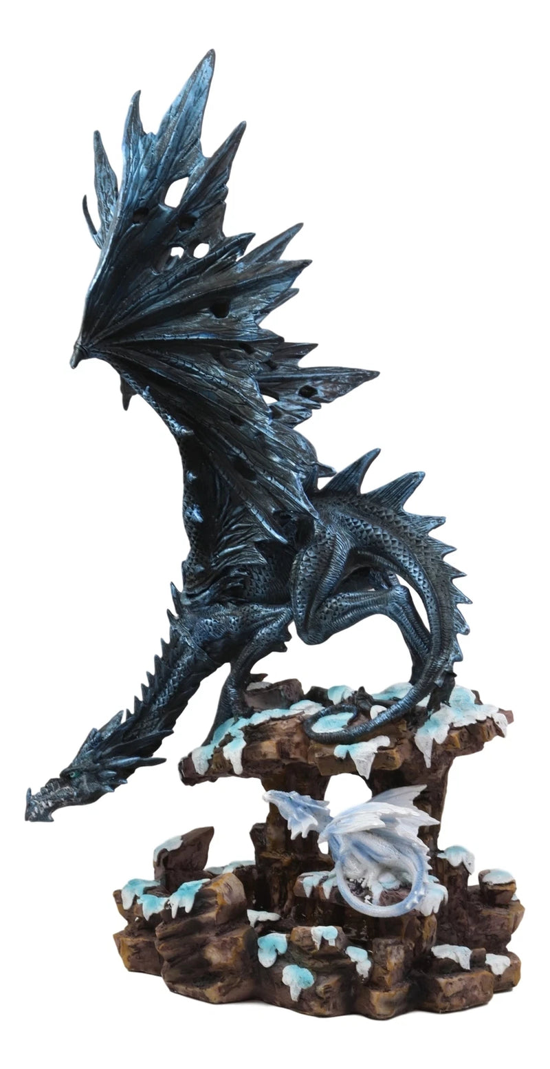 Large Dark Dragon with Frozen Ice White Baby Hatchling Statue 18.5" Tall-6