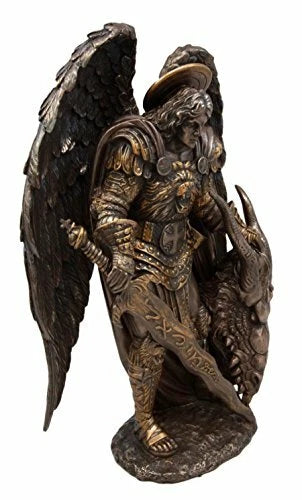 Saint Archangel Warrior Michael Holding Satan Dragon Head Figurine 10.75"H-3