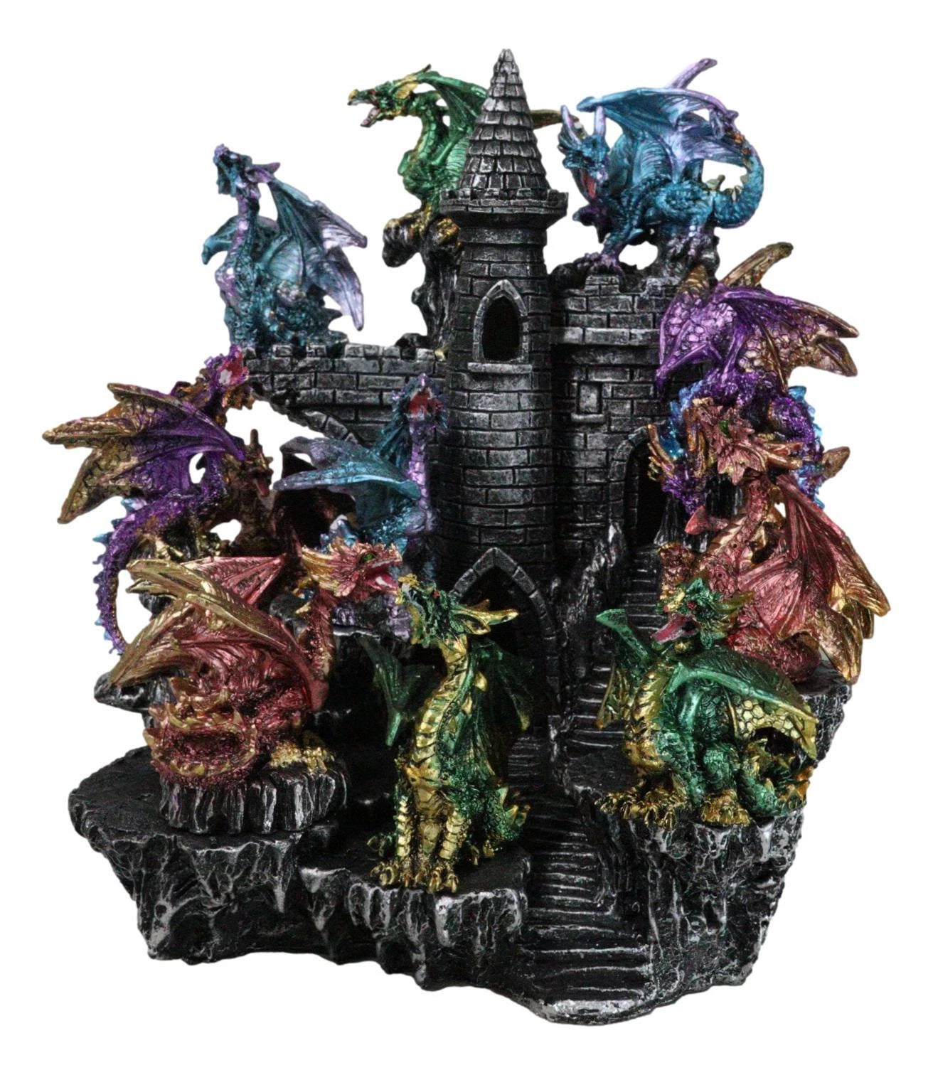 Juego de 12 mini dragones medievales coloridos en la montaña del castillo de Stonewall.-5