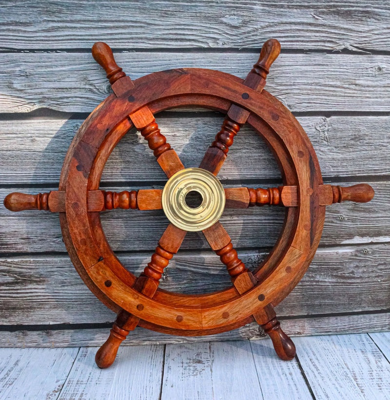 Nautical Marine Vintage Hardwood Wood & Brass Ship Steering Helm Boat Wheel 18"D-1
