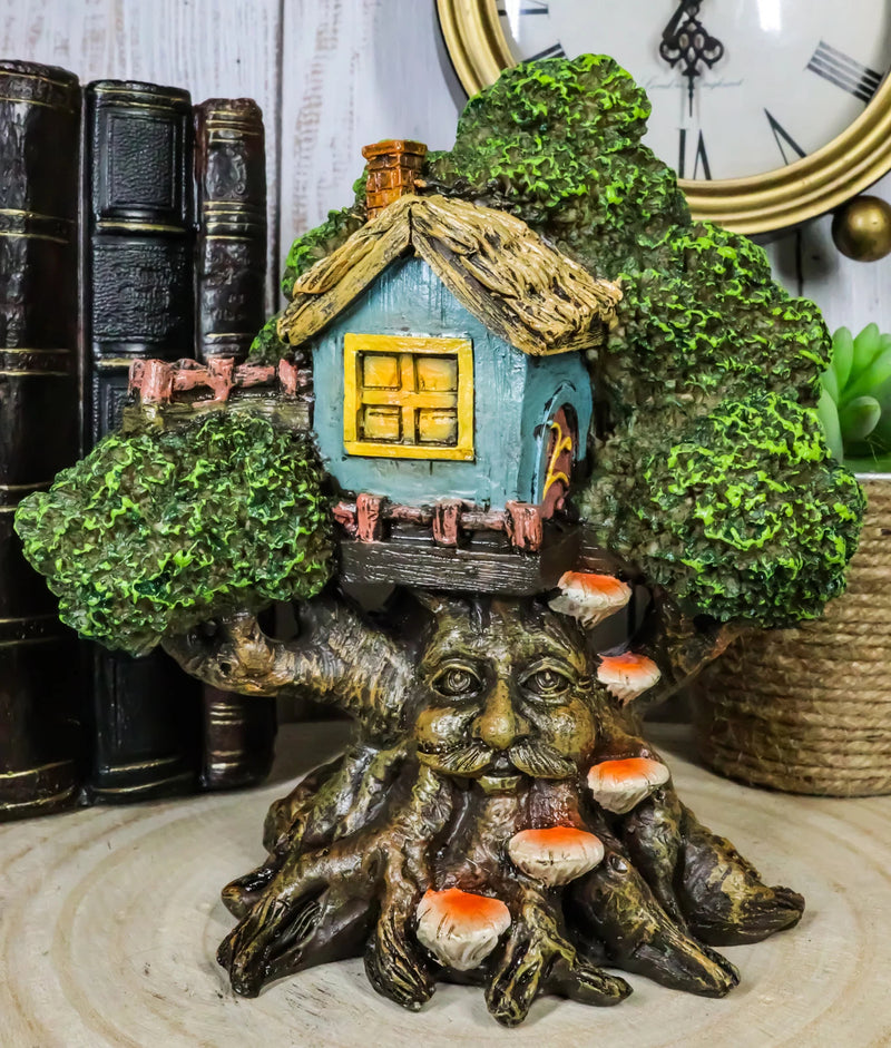 Forest Ent Greenman Cottage Blue Nook Tree House Statue With Mushroom Conk Steps-2