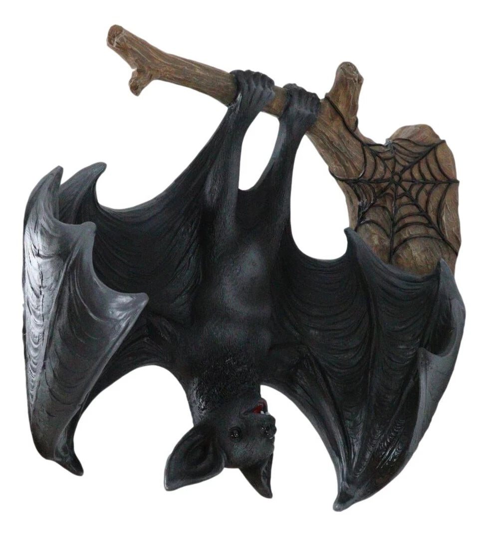 Gothic Winged Vampire Bat By Spider Web Hanging From Branch Wall Hanging Decor-4
