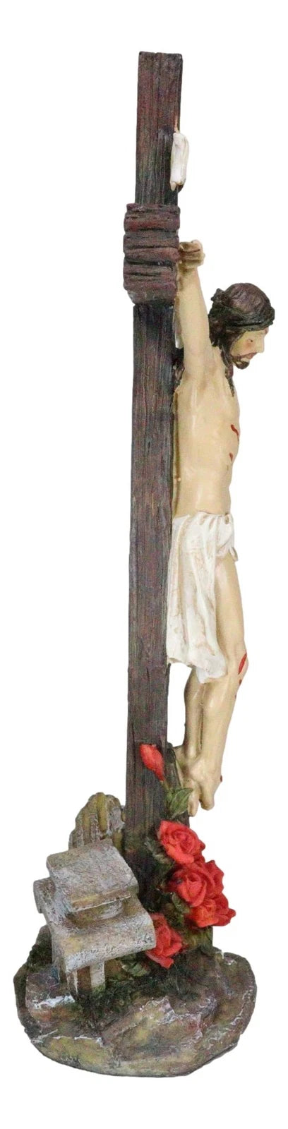 Jesus Christ On Cross W/ Rose of Sharon Base Decorative Crucifix Statue-4