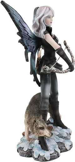 Fantasy Winter Snow Fairy Goddess Artemis Hunting With Gray Wolf Statue 10"H-2