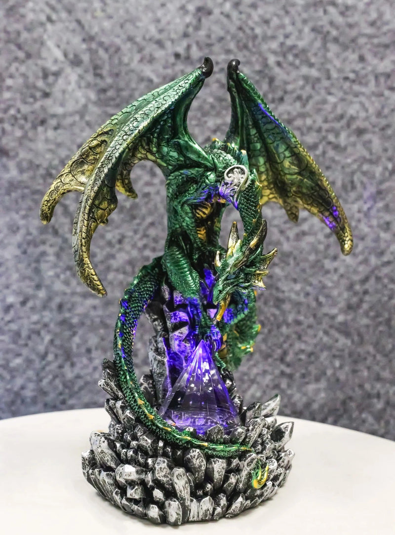 Metallic Green and Gold Rune Dragon Guarding Glass Prism Crystals Figurine 10"H-1
