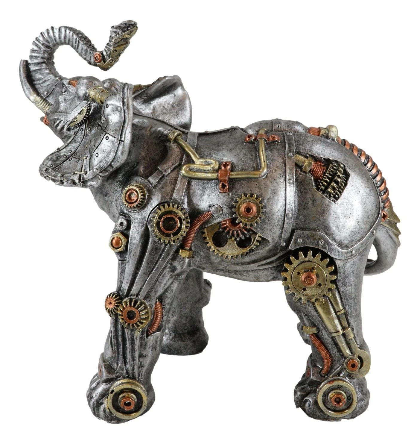Steampunk Pressure Valve Geared Cyborg Elephant with Trunk Up Figurine-4