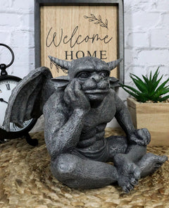Gargoyle Figurine, Carved Small Statue, 6.5 Inches, Horned Sitting Dreamer Sculpture, Gothic Decor, Suitable for Desk, Shelf, Home, Office, or Fantasy Room Decoration, Collectible Ornament-2
