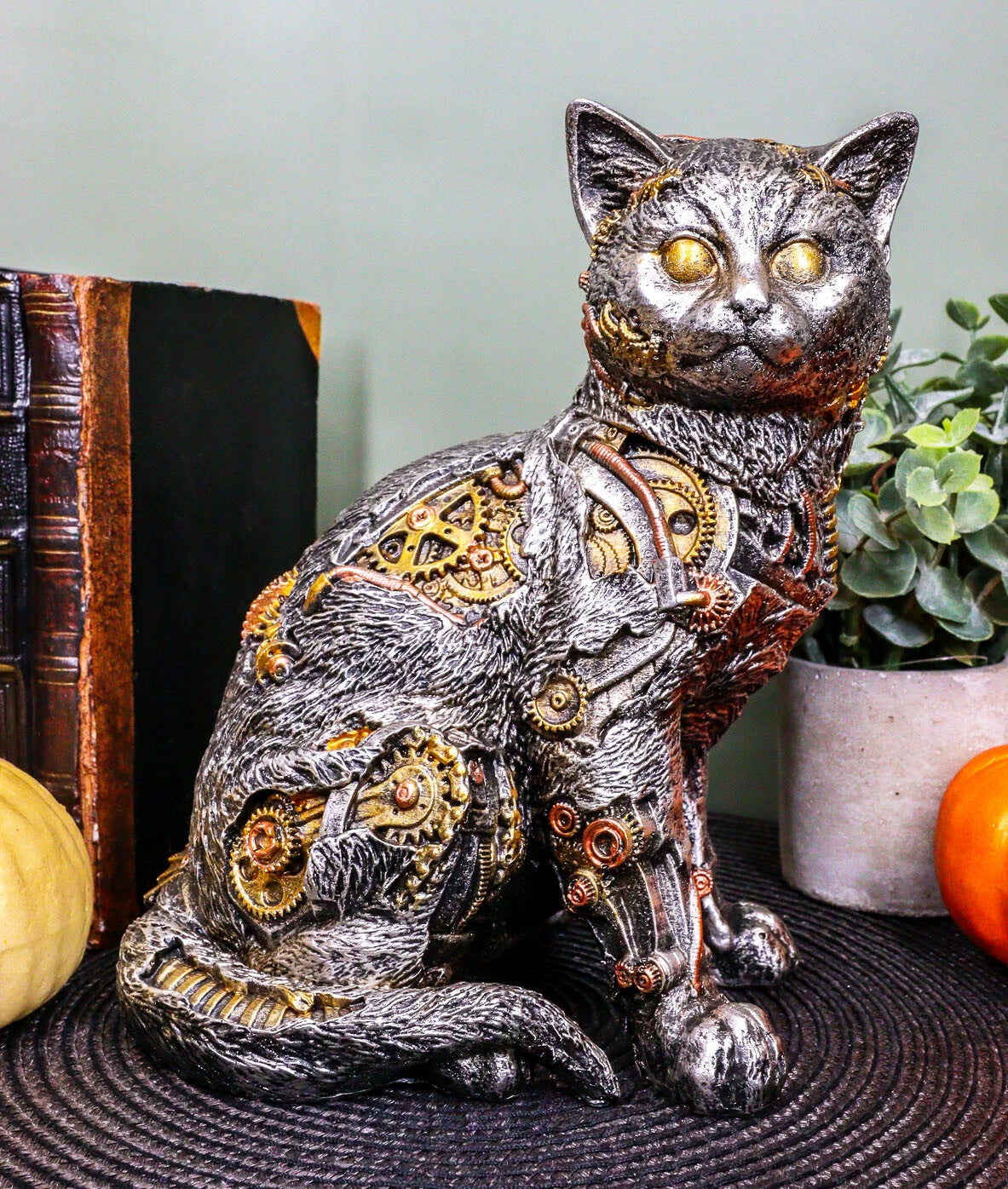 Steampunk Cyborg Cat with Clockwork Gears Nuts and Bolts Statue 8" Tall-1