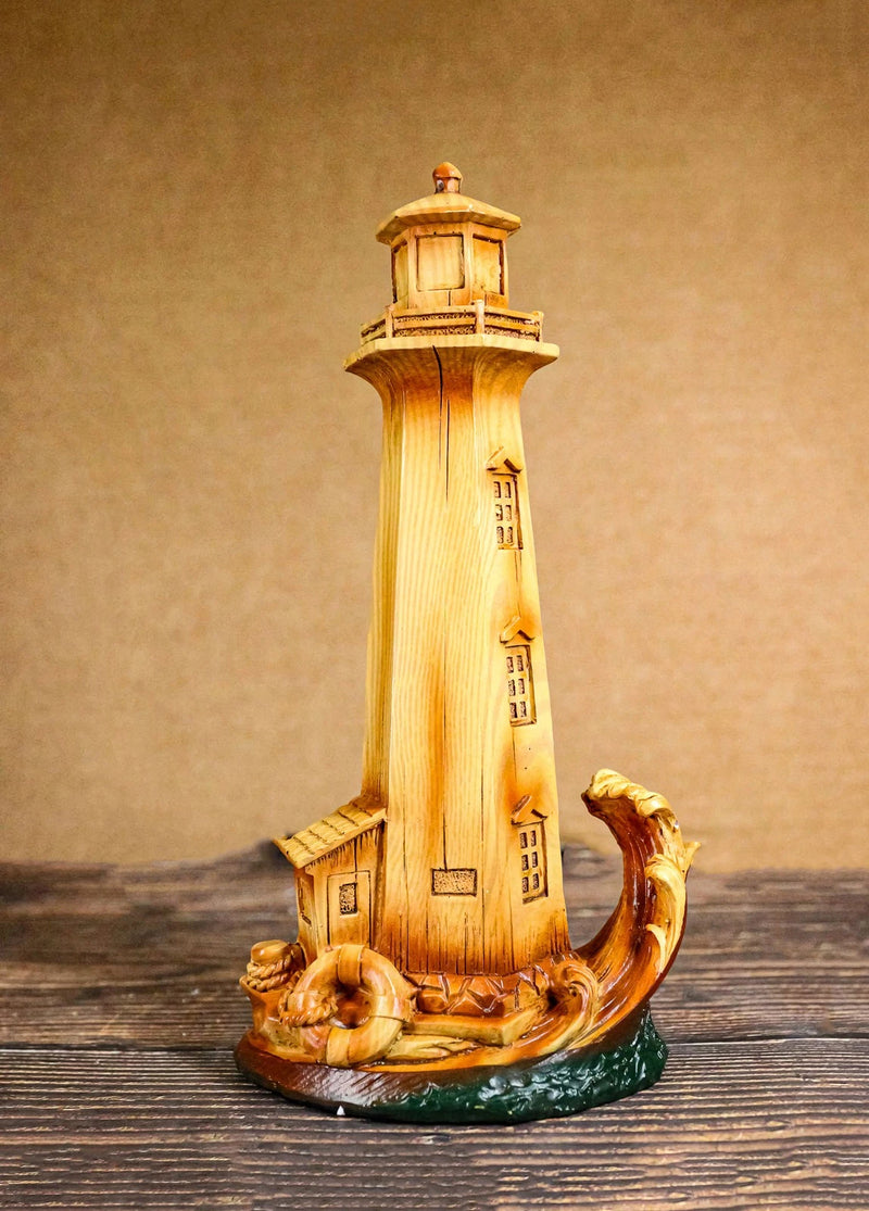 9"H Nautical Lighthouse With Life Ring Buoy And Crashing Ocean Wave Statue-1