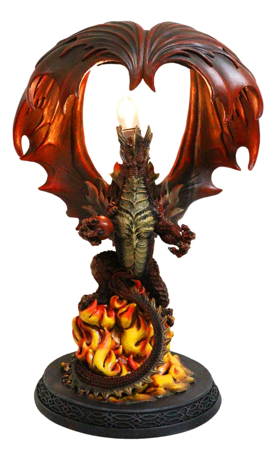 Red Hell Fire Flame Volcano Dragon Table Lamp With Towering Canopy Wings Statue-4