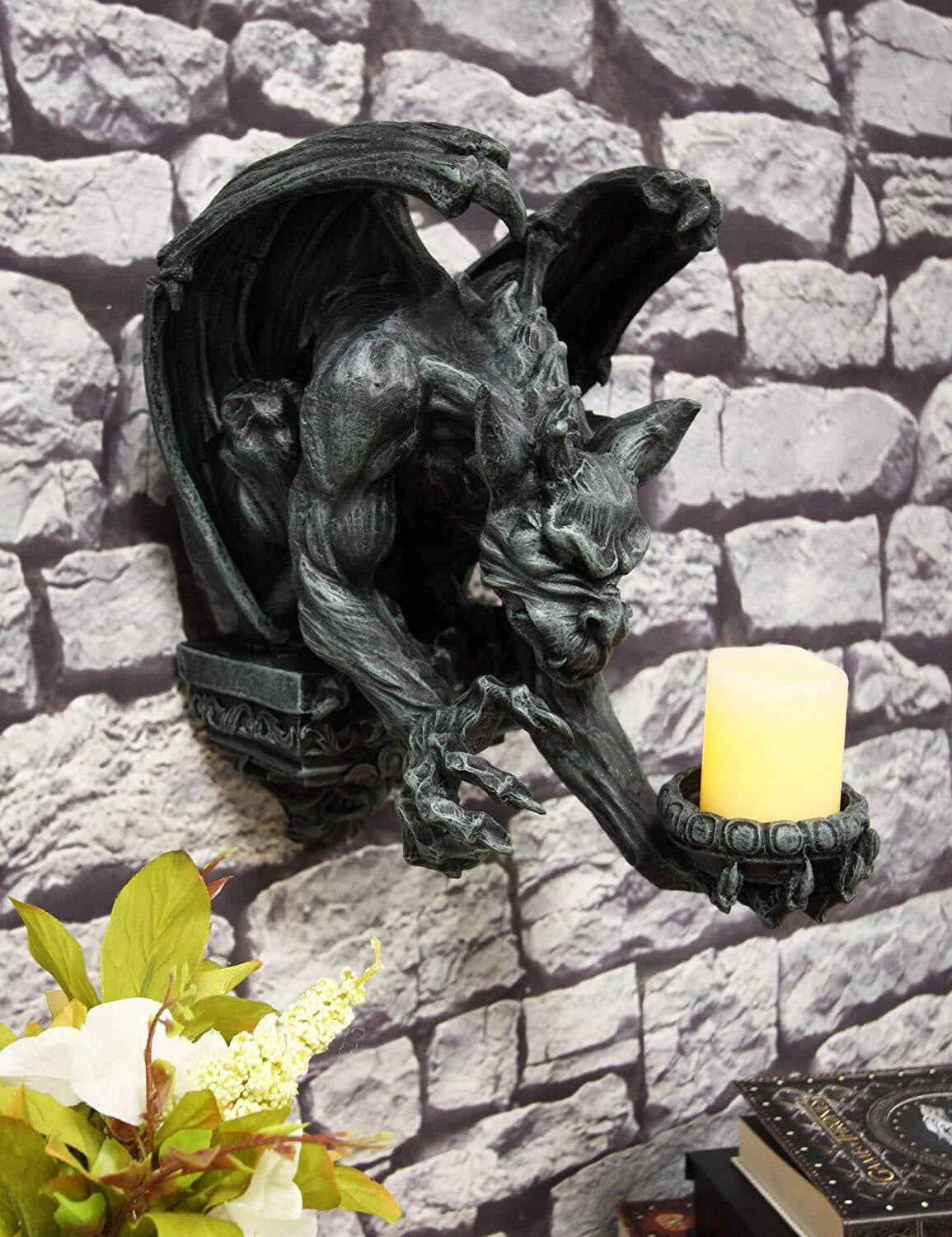 Gargoyle Candle Holder, 12"H Gothic Wall Sconce Sculpture Plaque, Fantasy Home Decor for Mantle, Wall, Garden, or Indoor Display