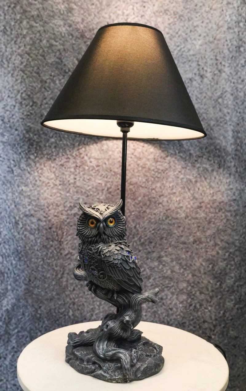 Wisdom of The Woods Mystical Bejeweled Owl Perching On Tree Branch Table Lamp-1