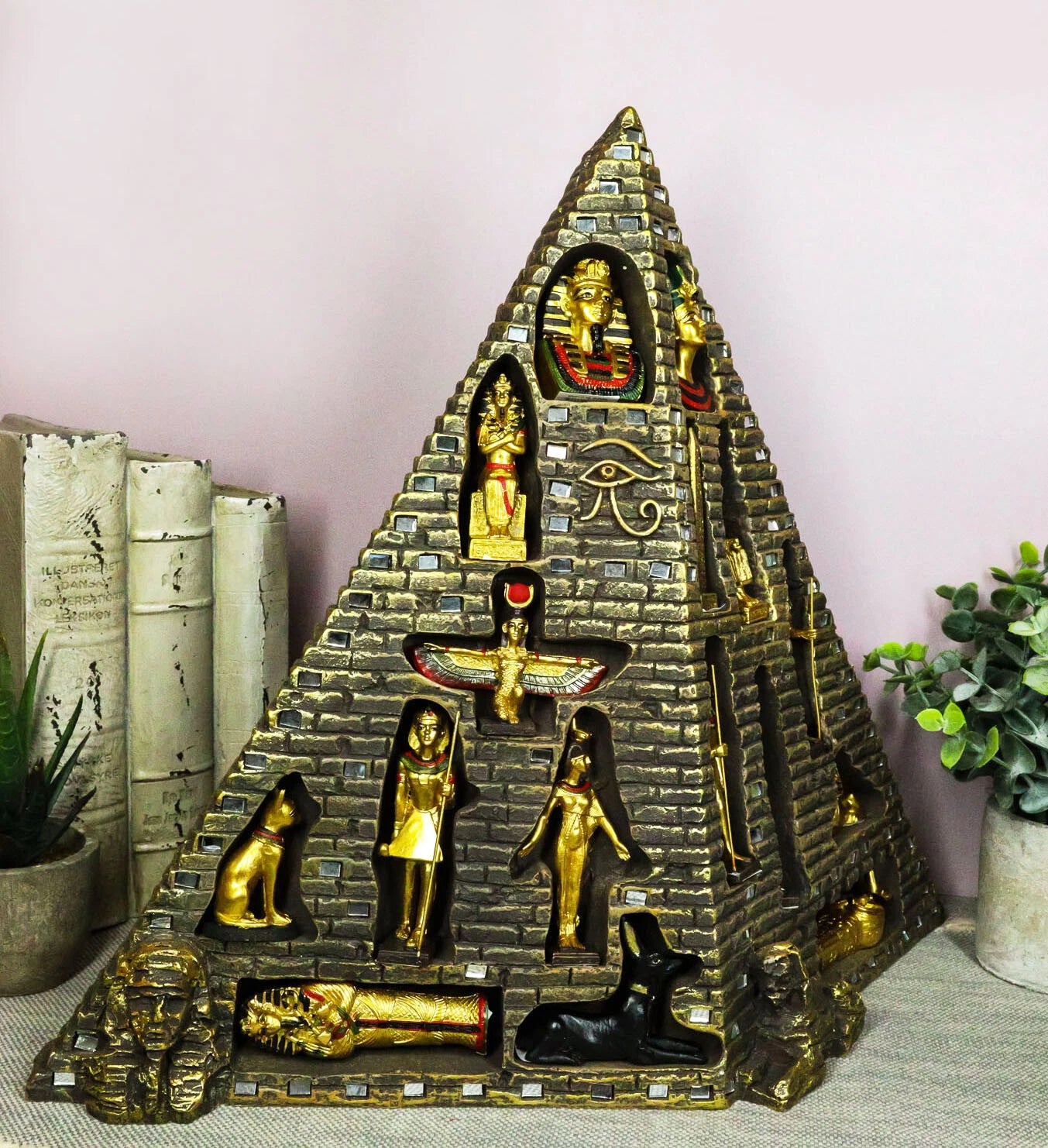 Egyptian Pyramid Statue With 16 Miniature Gods Anubis Osiris Isis Maat Bastet-7