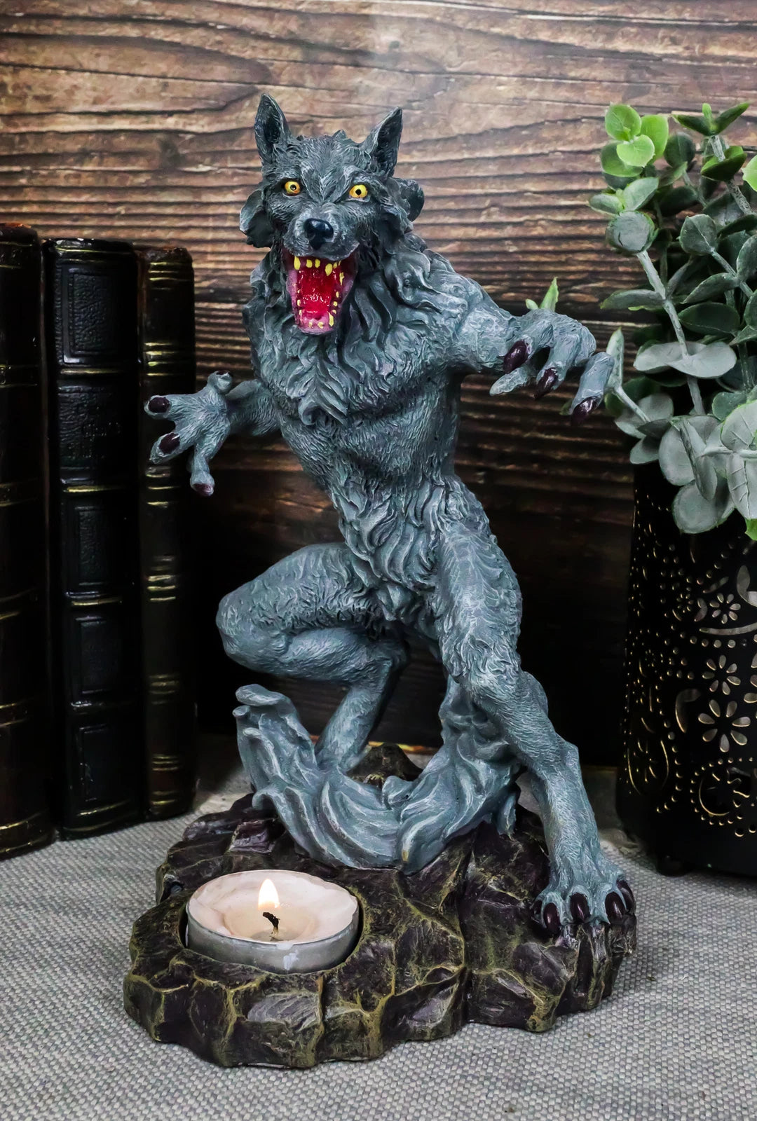 Portavelas de té de hombre lobo gótico Estatua de bestia licántropa Figura de hombre lobo-1