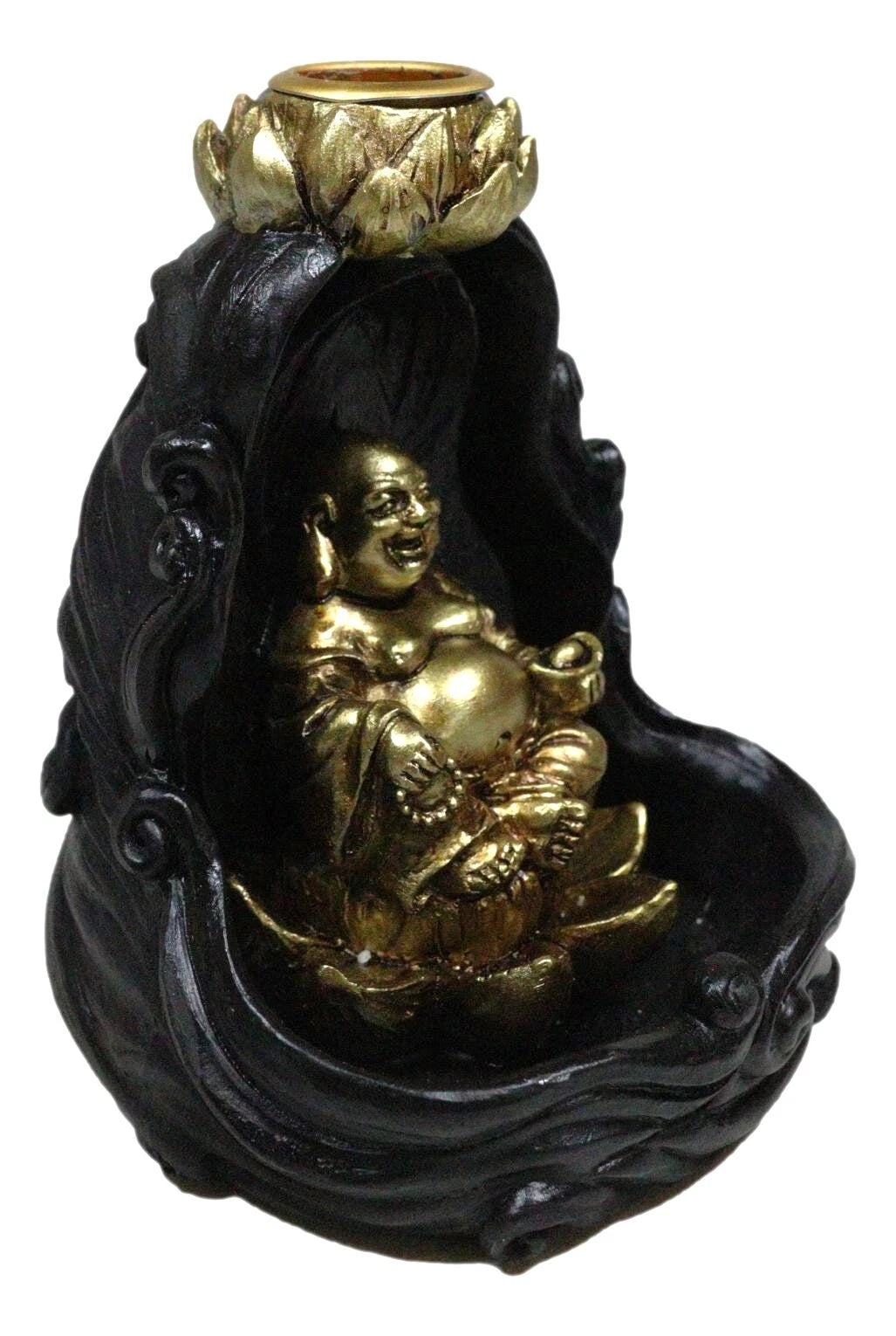 Golden Laughing Buddha Hotei On Black Cloud Lotus Backflow Incense Cone Burner-3