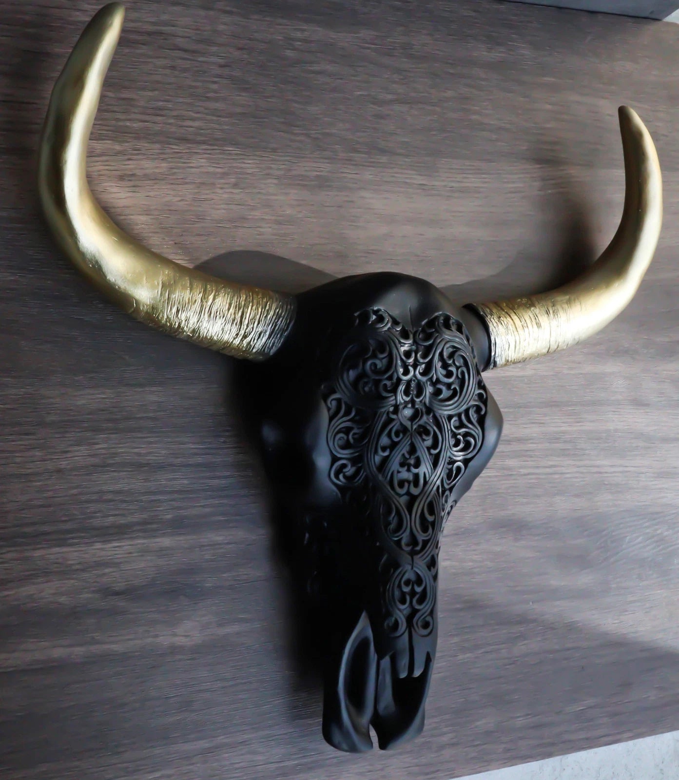 Black And Gold Tribal Floral Tattoo Tooled Filigree Bull Cow Skull Wall Decor-4