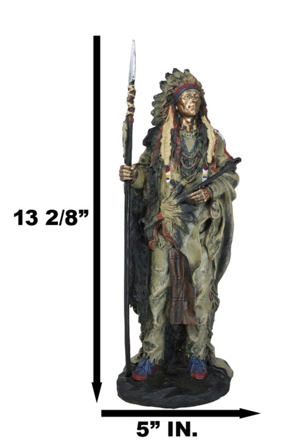 Native American Warrior Statue, Indian Chief Figurine with Battle Headdress, 12" Tall Heritage Home Decor, Shelf or Desk Accent, Tribal Collectible, Cultural Art Ornament