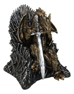 Bronzite Dragon Sitting On Iron Throne Of Swords With Valyrian Blade Figurine-2