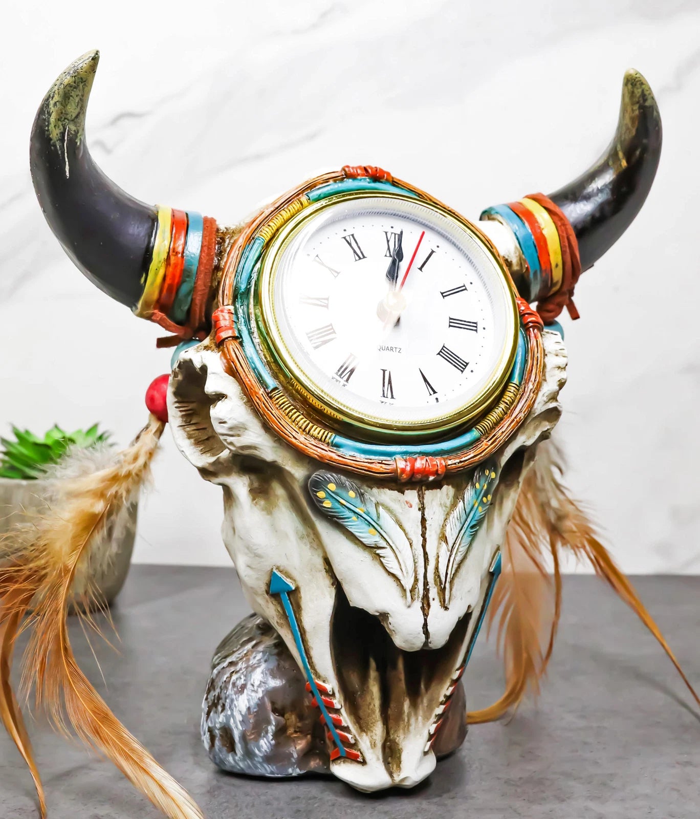Southwestern Indian Dreamcatcher Feathers Steer Cow Skull Desktop Table Clock