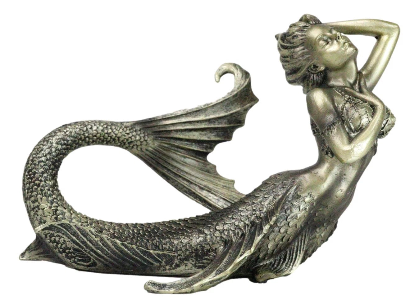 Nautical Aged Bronze Resin Seductive Mermaid Siren With Fishnets Figurine 7"L-4