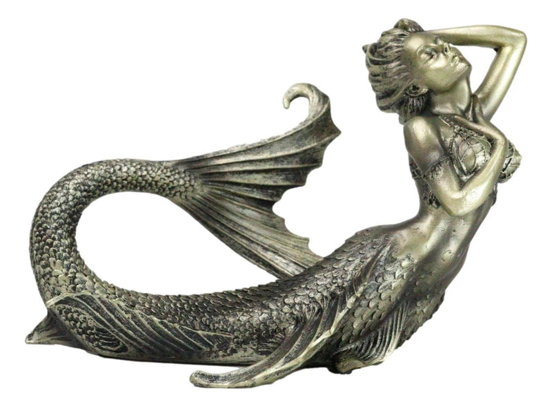 Nautical Aged Bronze Resin Seductive Mermaid Siren With Fishnets Figurine 7"L-4