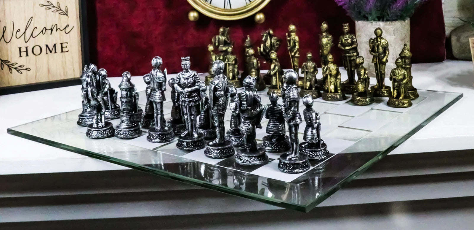 Medieval Warfare Age Of Knights & Kings Resin Chess Pieces With Glass Board Set