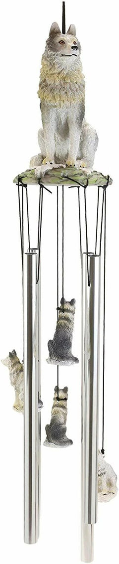 Realistic Sitting Lone Gray Wolf Hand Painted Sculptural Wind Chime Decorative-1
