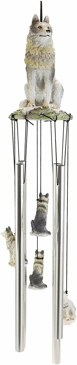 Realistic Sitting Lone Gray Wolf Hand Painted Sculptural Wind Chime Decorative-1