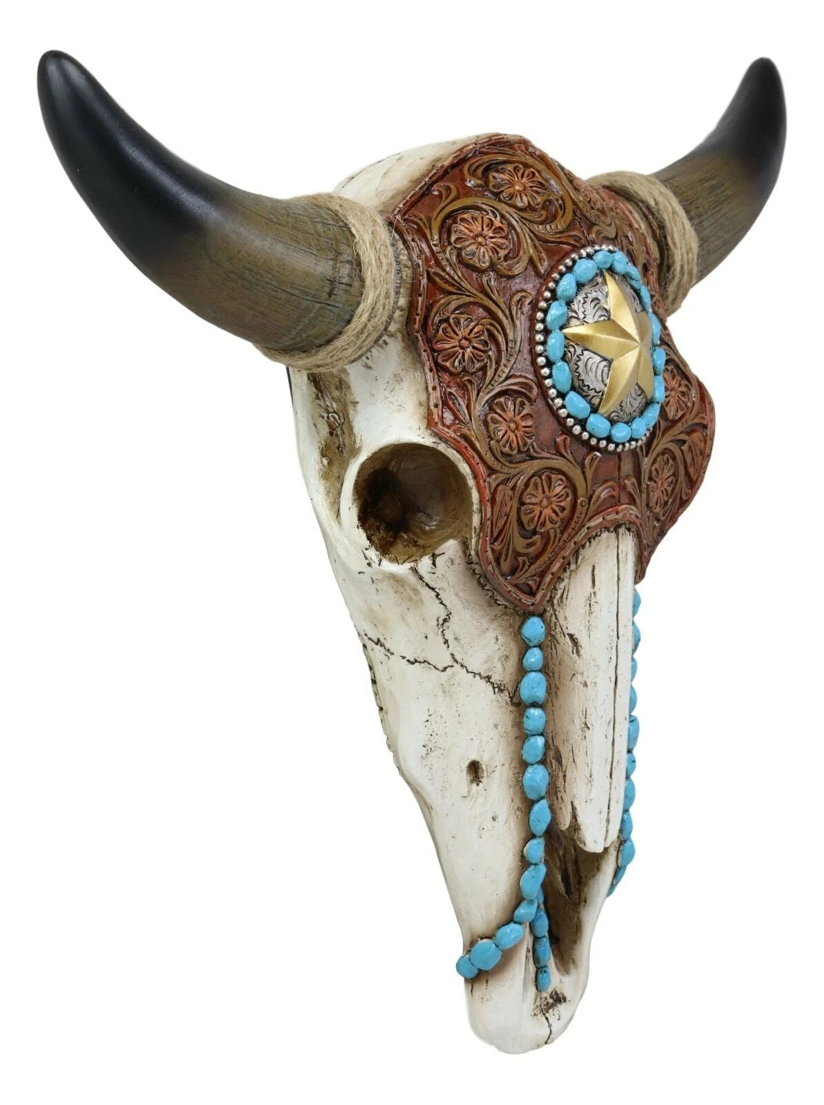 Western Star Tooled Leather Steer Bison Buffalo Bull Cow Horned Skull Wall Decor-6