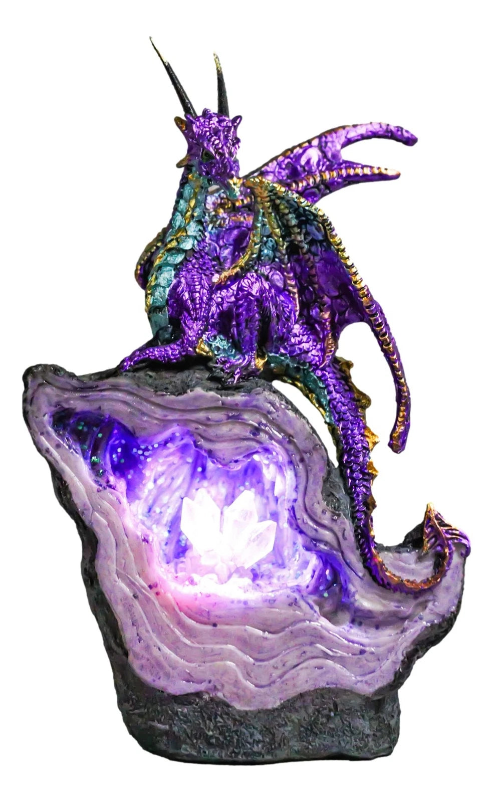 Metallic Purple Midnight Dragon On LED Light Faux Geode Crystal Rock Figurine-2