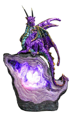Metallic Purple Midnight Dragon On LED Light Faux Geode Crystal Rock Figurine-2