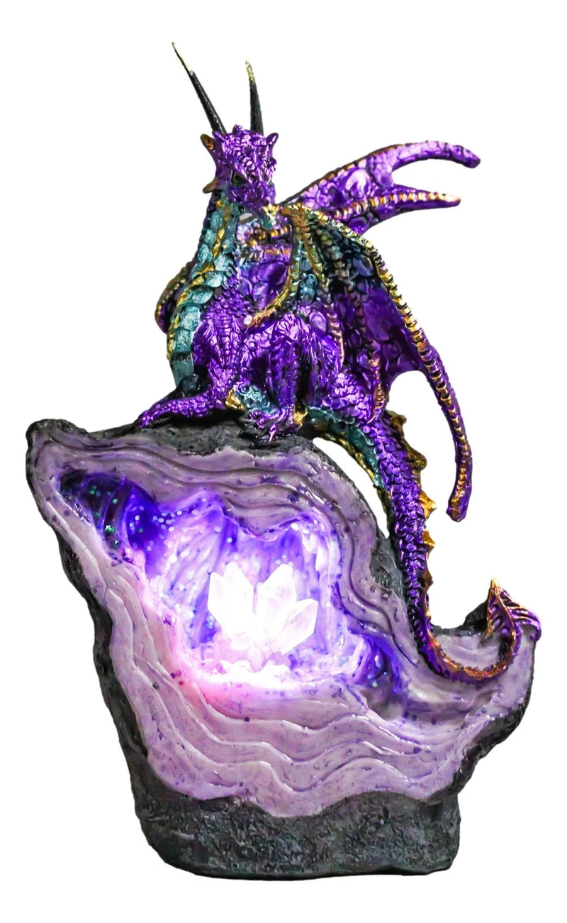 Metallic Purple Midnight Dragon On LED Light Faux Geode Crystal Rock Figurine-2